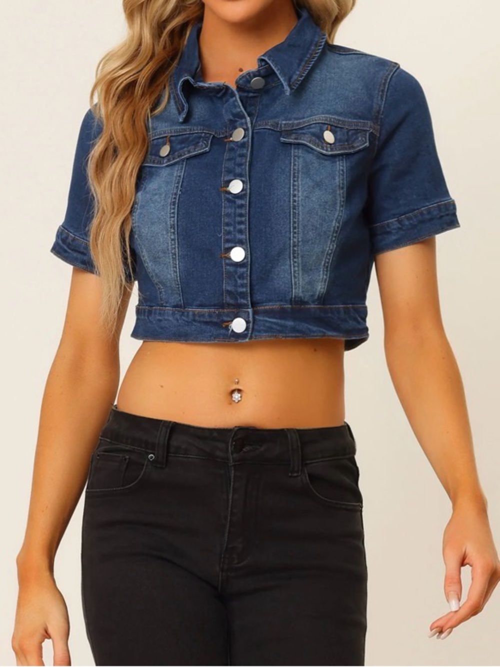 Allegra K Casual Lapel Short Sleeve Button-front Crop Top Jean Denim Jacket, M